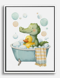 Crocodile & Duck Bathtime Fun Canvas Print White