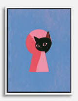 Toile chat noir à travers un trou de serrure rose