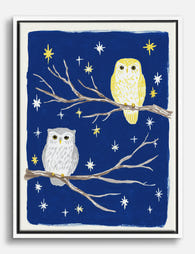 Midnight Owls & Starlight Canvas Print White