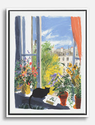 Parisian Window with Cat Canvas Print - White