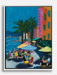 Vibrant Coastal Café Scene Canvas Print White