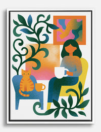 Coffee, Cat and Houseplants Canvas Print White